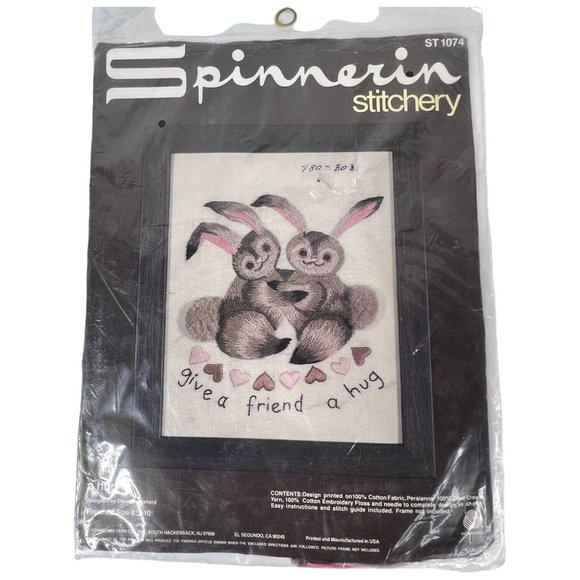 Vintage Spinnerin Stitchery Kit A Hug Bunny Rabbits By Diane Brakefield 8x10 - Picture 2 of 4